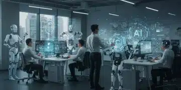 The Future of Work: AI and Automation to Reshape US Jobs by 2025 Professionals working in a futuristic office with AI and automation, symbolizing job market transformation.