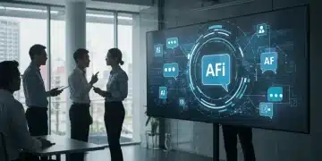 Conversational AI in Marketing: 2025 Competitive Edge Futuristic interface with AI chat, business professionals observing in modern office