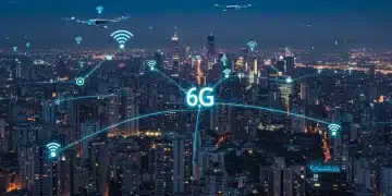 Futuristic cityscape with glowing 6G network lines, representing advanced connectivity and technological innovation by 2030.