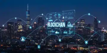 Futuristic cityscape with glowing blockchain network lines connecting corporate buildings, representing enterprise Blockchain Platforms.