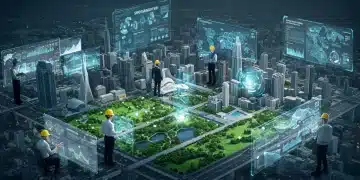 Digital Twins for Smart Cities: US Urban Planning Revolution Futuristic cityscape with data overlays representing a digital twin for smart city planning.