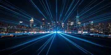 Photonics in Computing: 1000x Faster Data Transfer in US Networks by 2032 Futuristic cityscape with glowing data trails symbolizing 1000x faster data transfer via photonics in computing
