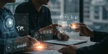 Generative AI's Impact on Content Creation: New Strategies for US Marketers in 2025 Futuristic marketing team collaborating with generative AI tools for content creation in 2025, visualizing data and creative output.