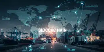 Global supply chain network with blockchain technology overlay, showing interconnected logistics and data flow.