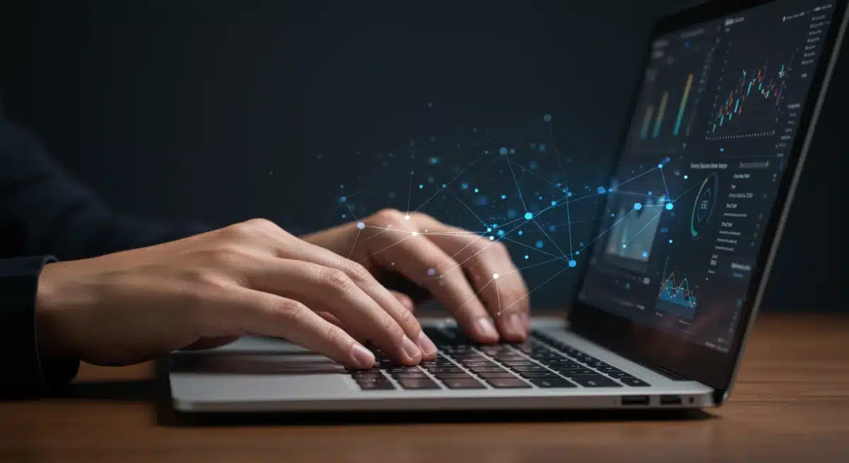 Hands typing on a laptop, displaying code, symbolizing practical digital skill application.