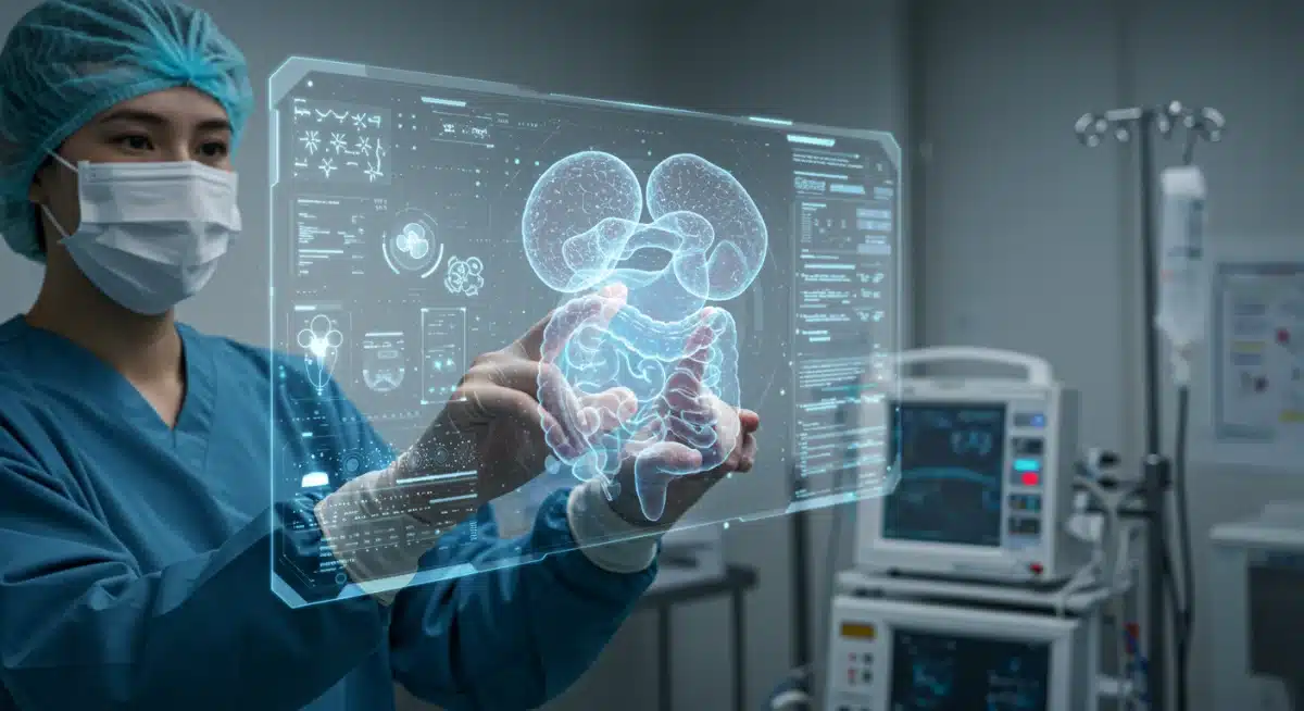 Medical professional using a holographic display for 3D organ visualization in healthcare.