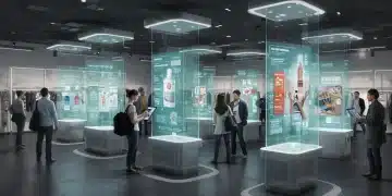 Holographic displays in action at a modern US retail store, showing interactive product demos.