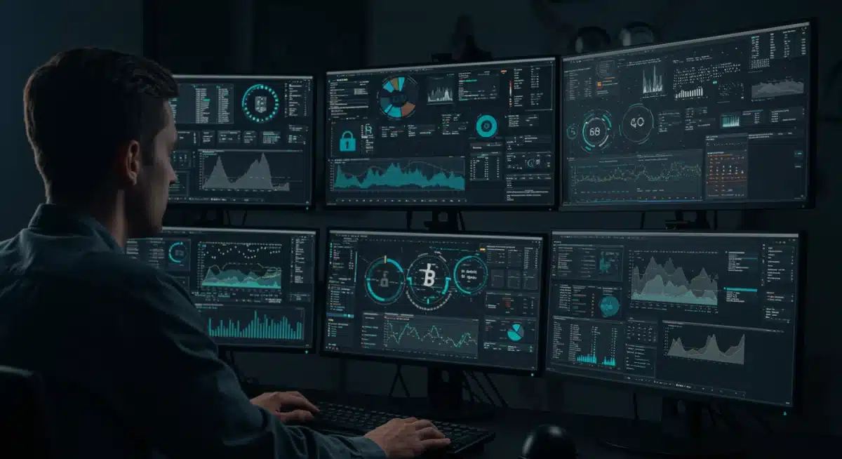 Investor monitoring cybersecurity dashboards for digital asset protection