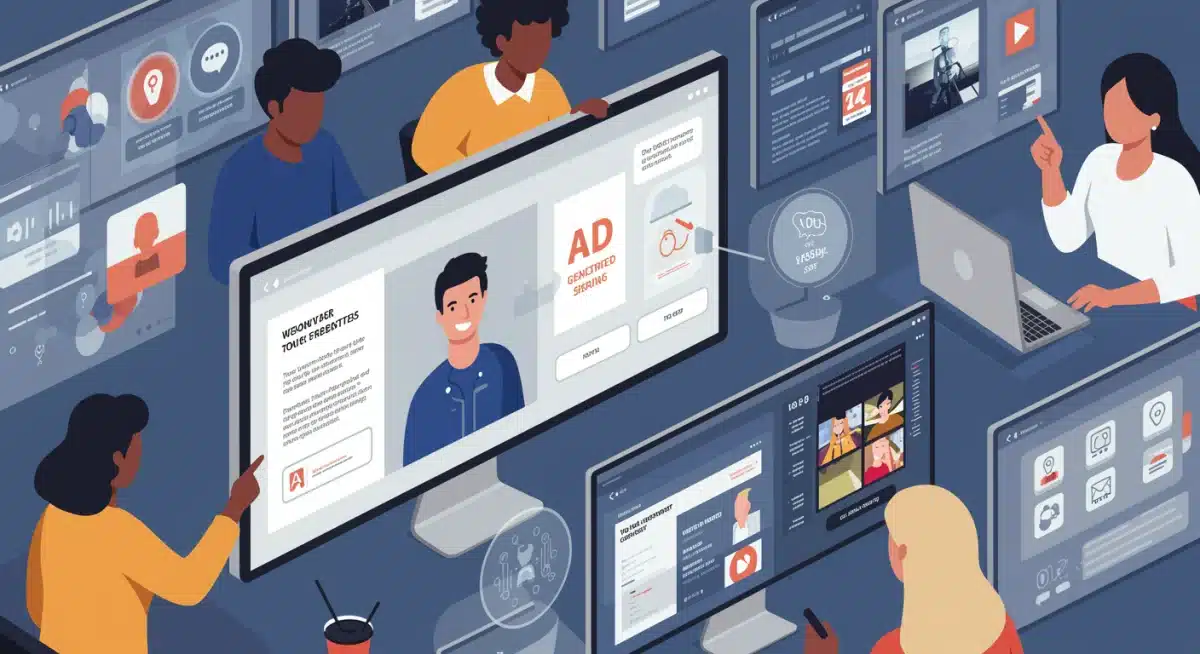 Marketers reviewing and refining AI-generated content for various digital platforms, highlighting personalized ad copy and social media posts.