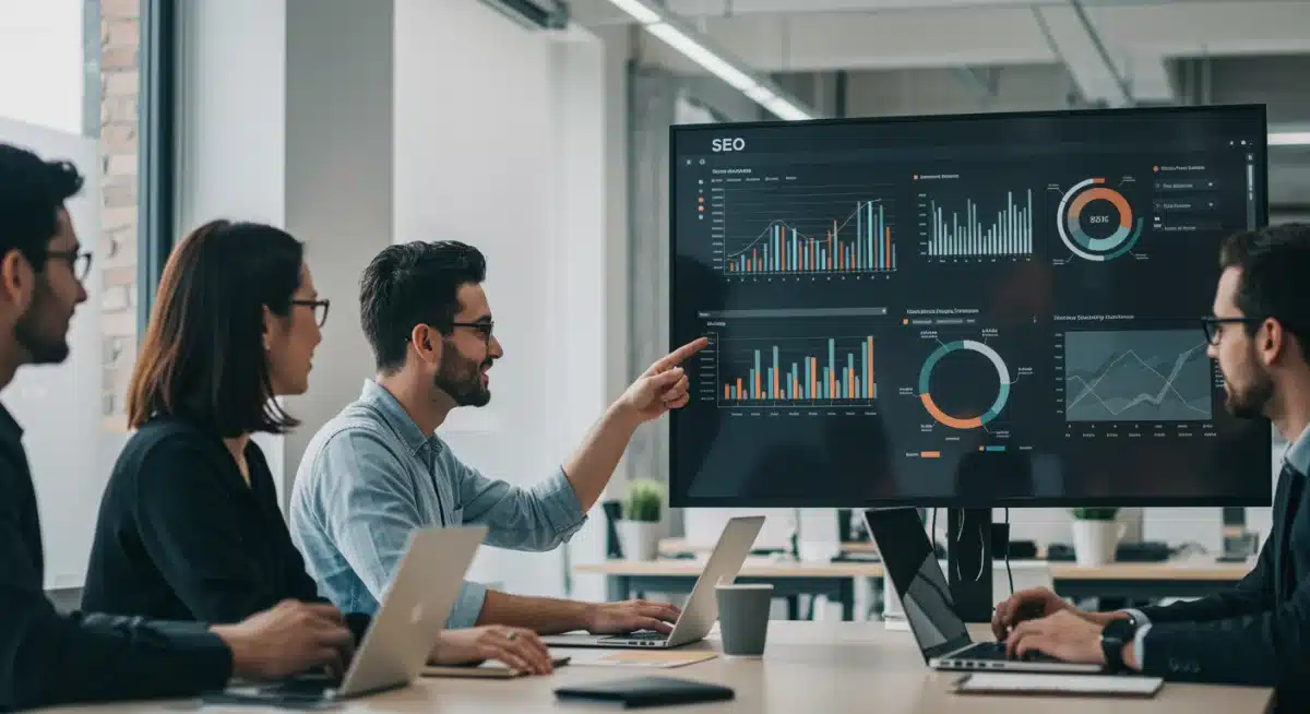 Marketing team analyzing SEO data and algorithm impact in a modern office.