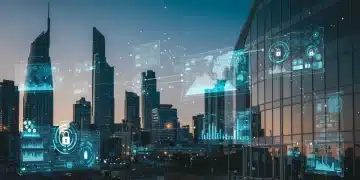 Securing the Metaverse: New Cybersecurity Protocols for US Enterprises in 2025 Futuristic digital city with holographic interfaces and secure data flows for metaverse enterprise security