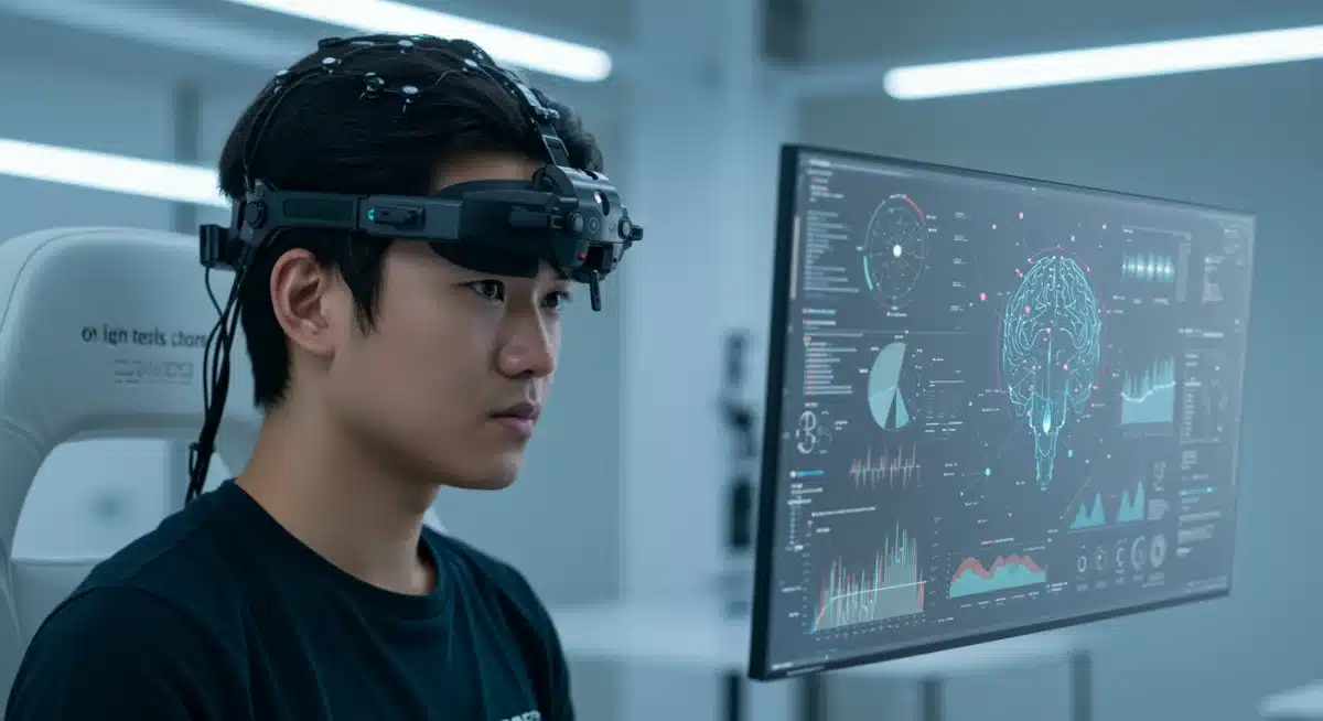 Person using brain-computer interface headset for data interaction