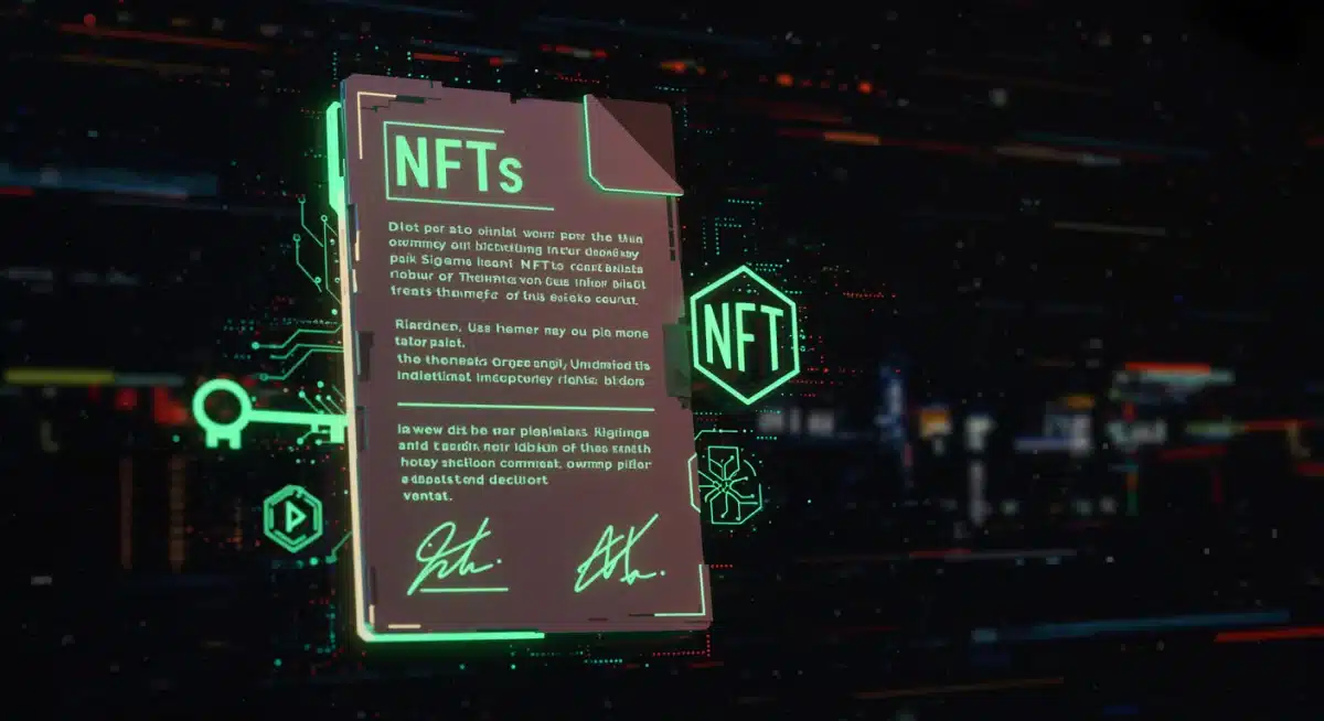 Legal document overlayed with blockchain code and digital signatures, illustrating NFT regulation.
