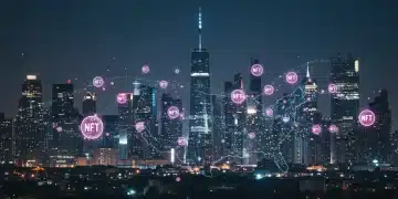 Futuristic digital city with NFT tokens and blockchain connections, symbolizing the U.S. digital economy's evolution and regulatory landscape.