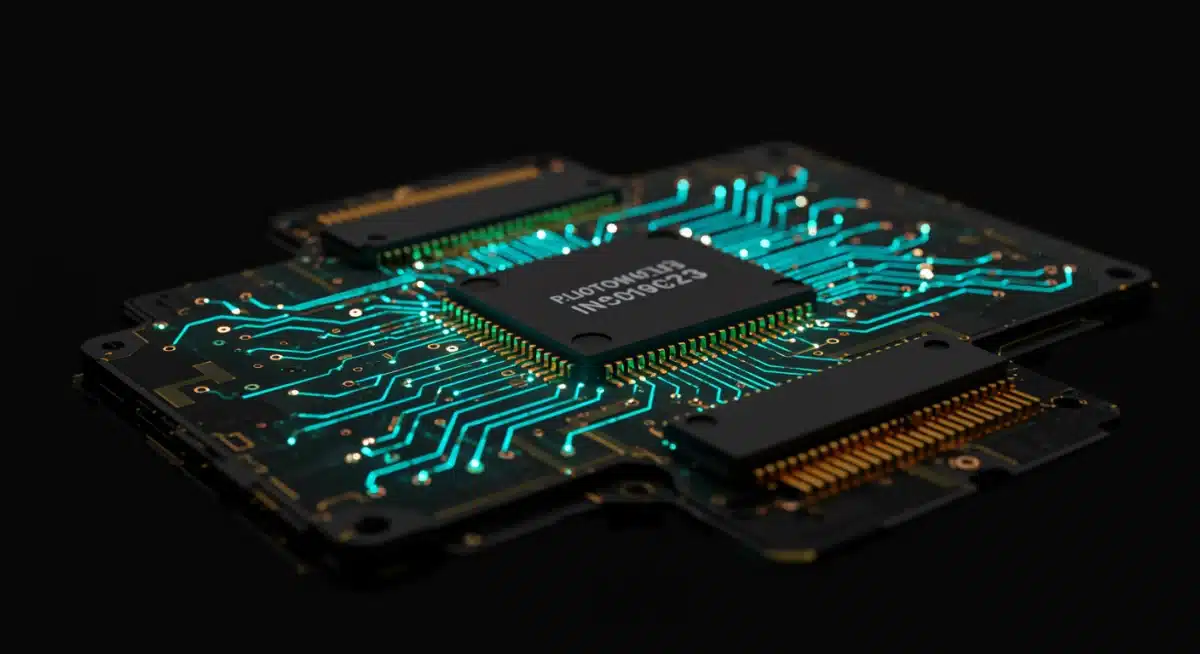 Close-up of a photonic integrated circuit (PIC) showing intricate light pathways for high-speed data processing
