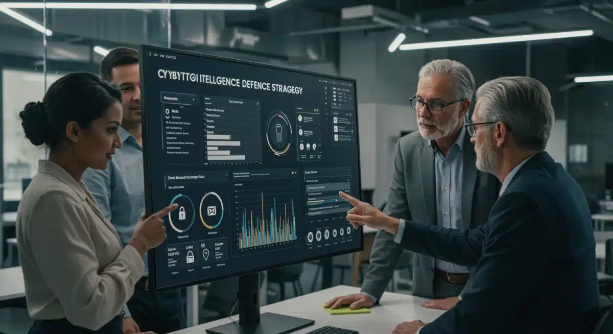 Business team analyzing cybersecurity dashboard, planning proactive defense strategies.
