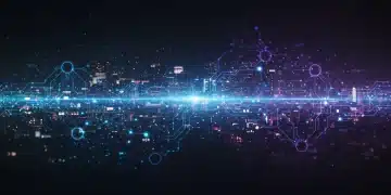 Quantum computing circuits illuminating a futuristic cityscape, signifying technological integration into US businesses by 2035.