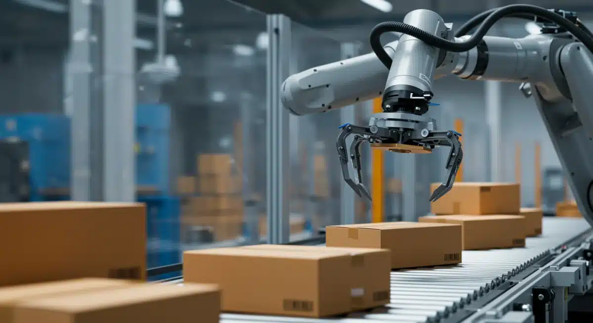 Robotic arm precisely sorting packages in a logistics distribution center, showcasing automation's impact on efficiency.