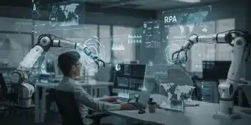 RPA Trends 2025: Streamlining Operations, 10% Labor Cost Savings Robotic Process Automation (RPA) solutions streamlining operations in a modern office setting, showcasing digital transformation.