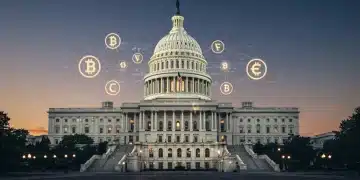SEC Crypto ETFs: US Digital Economy 2025 Impact Illustration of U.S. Capitol with crypto symbols, representing SEC's influence on digital finance.