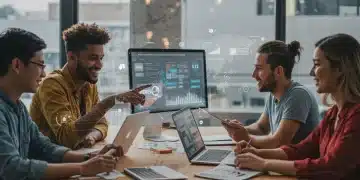 Startups collaborating on digital strategy in a modern co-working space