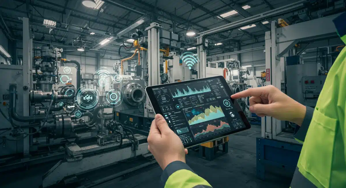 Technician monitoring industrial machinery with AI predictive maintenance software