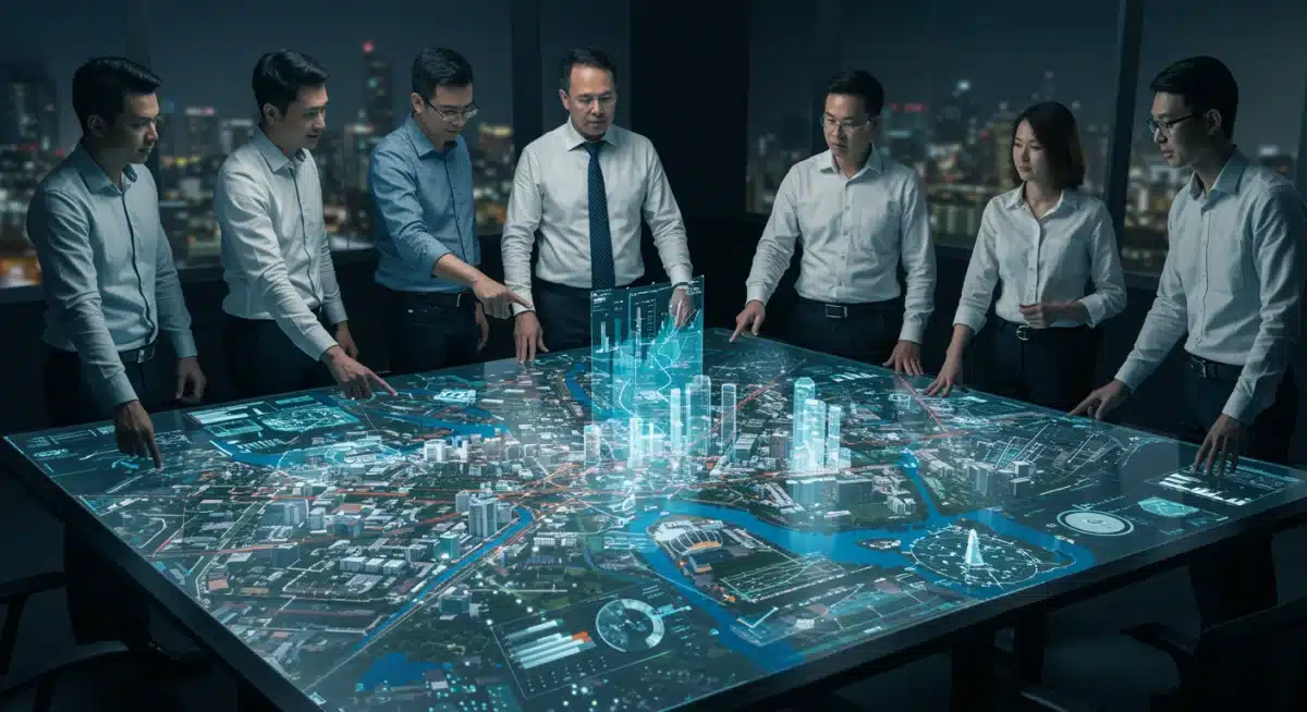 Urban planners analyzing a 3D holographic projection of a city's digital twin.