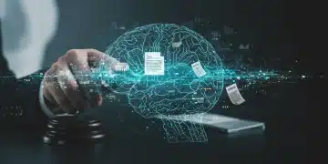 Digital representation of AI regulations in the US, showing data flowing through legal frameworks.