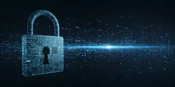 Futuristic padlock with AI circuits safeguarding digital data streams