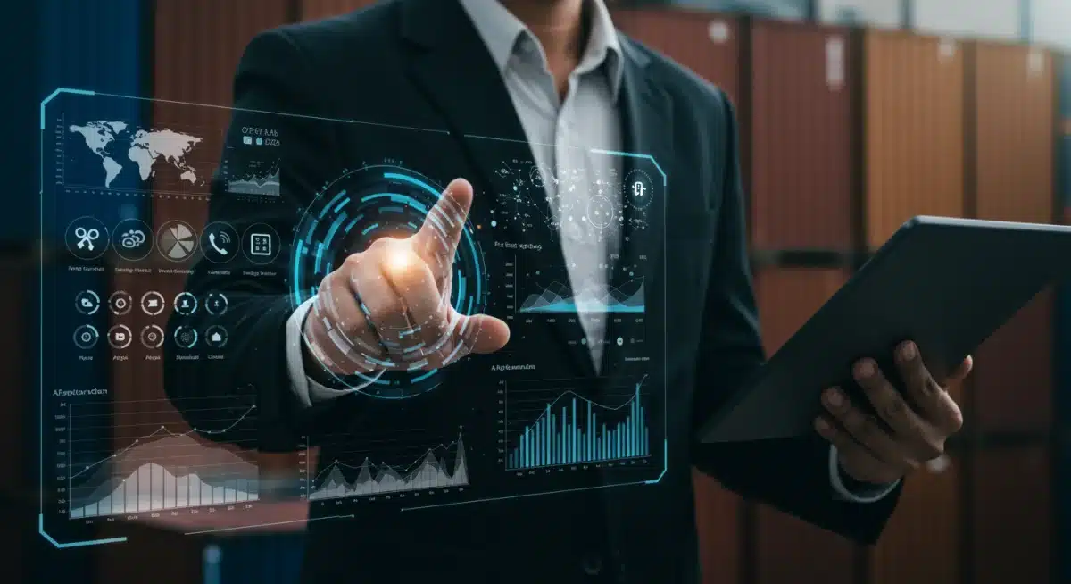 Executive analyzing AI-powered supply chain predictive analytics on a holographic display.