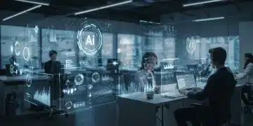 Futuristic customer service center with AI interfaces and human agents