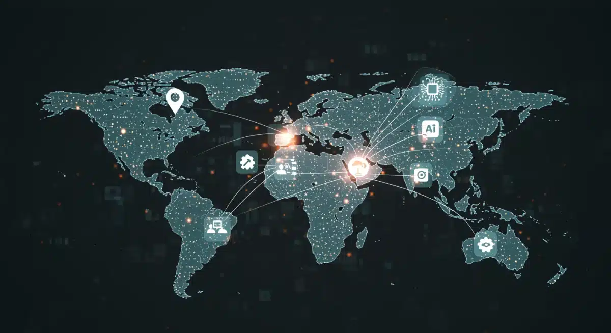 Global digital supply chain network with AI integration for optimization.