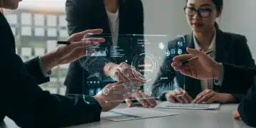 Business professionals analyzing data on a holographic interface, representing intelligent automation's role in cost reduction.