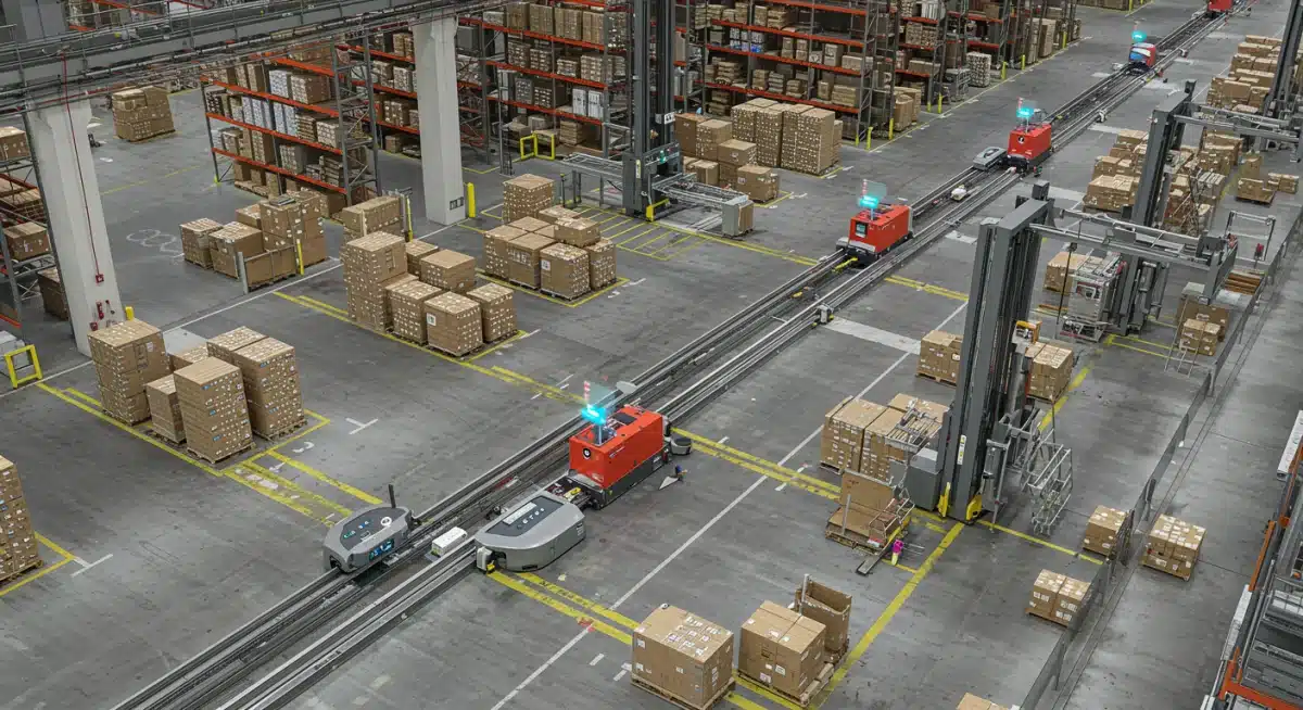 Automated guided vehicles optimizing large-scale warehouse operations for cost efficiency.