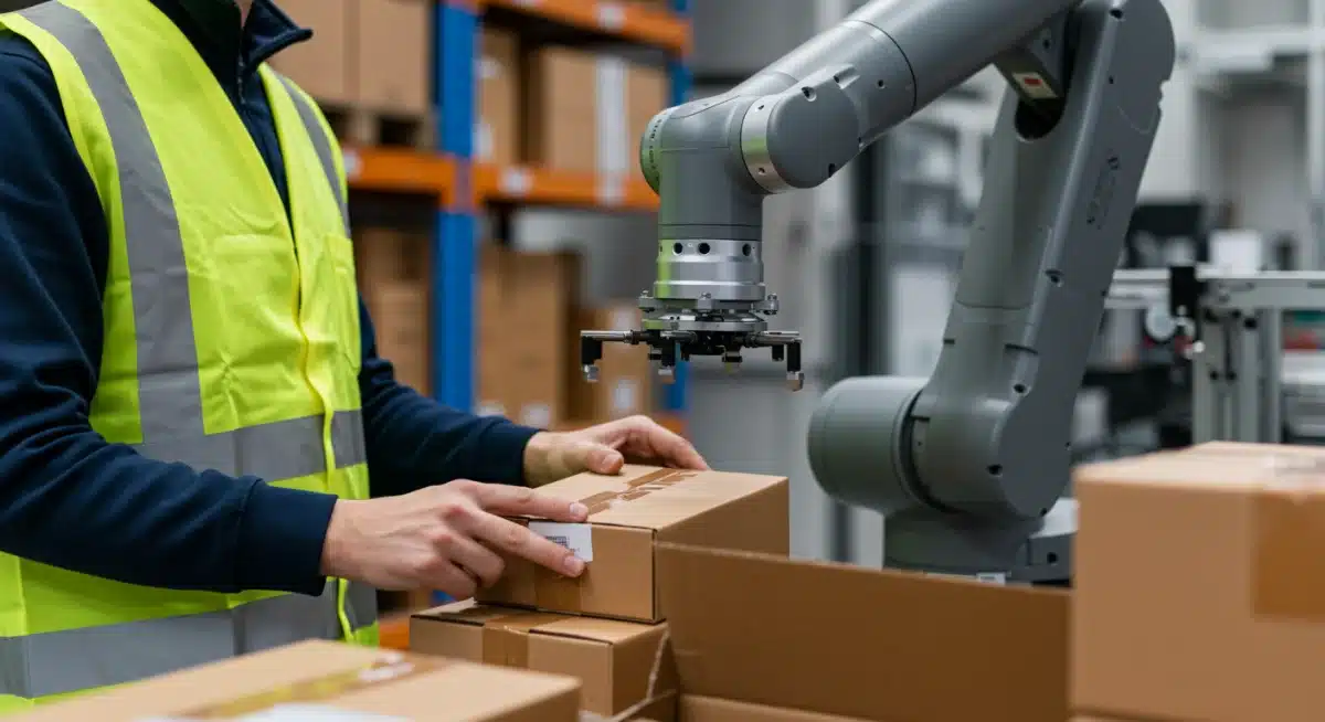Collaborative robot assisting human worker in a logistics packaging facility, enhancing efficiency.
