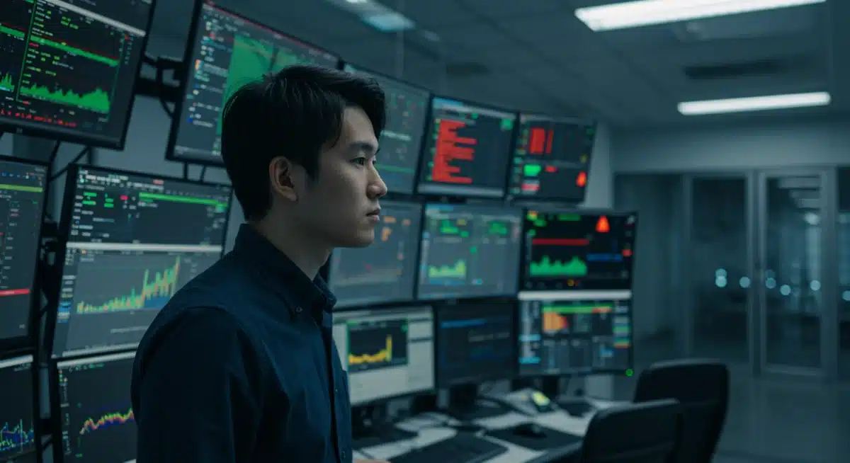 Cybersecurity expert monitoring threat alerts in a data center