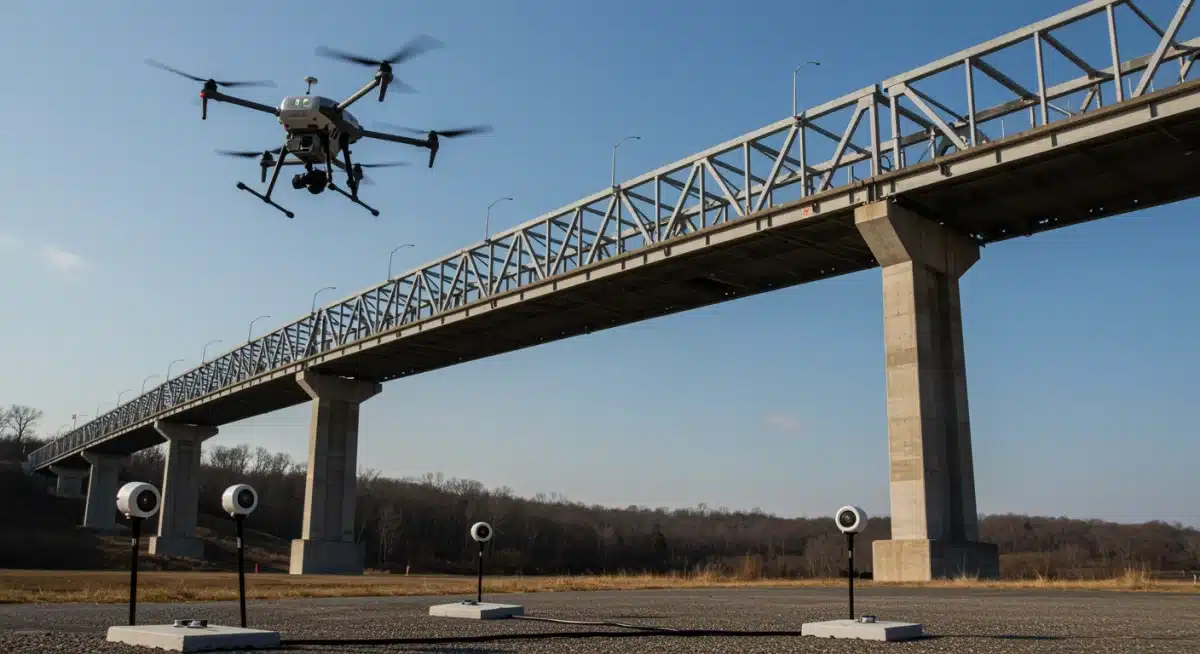 Drone and sensor technology collecting data for predictive AI analysis on a bridge