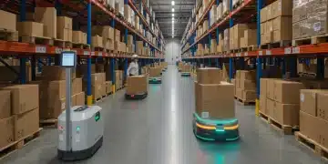 Advanced autonomous mobile robots operating in a modern U.S. logistics warehouse, symbolizing cost reduction.