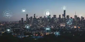 Futuristic cityscape with legal and ethical symbols for metaverse development