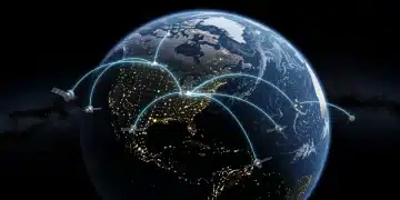 Futuristic satellite network providing space-based internet to the United States by 2026.