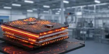 Advanced semiconductor chip showcasing intricate circuits and advanced materials in a US manufacturing setting.