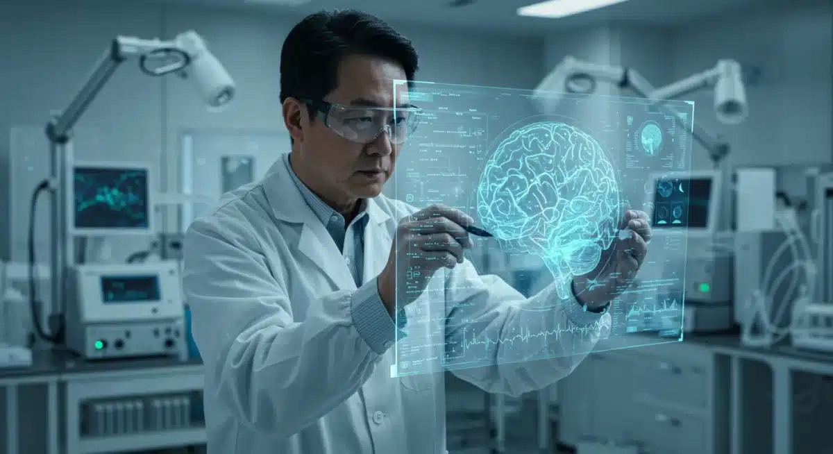 Scientist analyzing brain scan on holographic display in lab