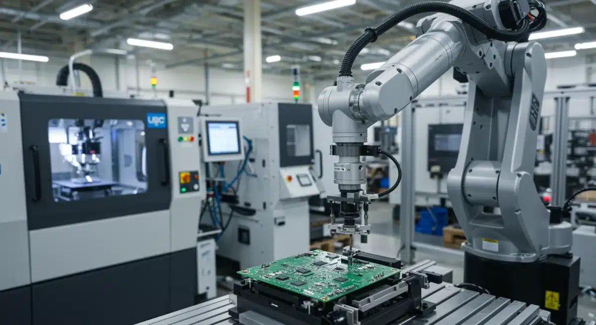Robotic arm assembling electronic components in a high-tech US manufacturing plant, representing automation and efficiency.