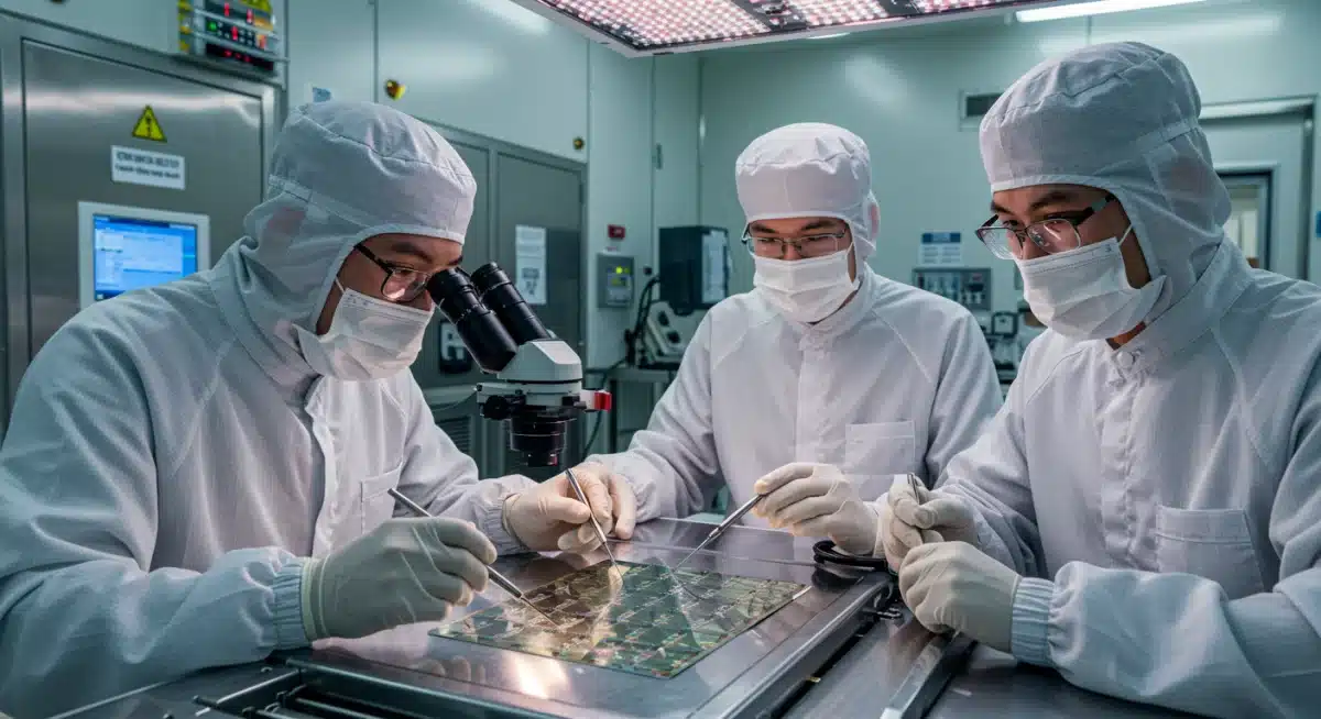 Scientists inspecting an advanced electronic wafer in a cleanroom, symbolizing research and development in new materials.