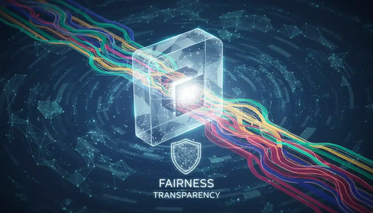 AI system illustrating bias mitigation and transparent data processing for ethical development.