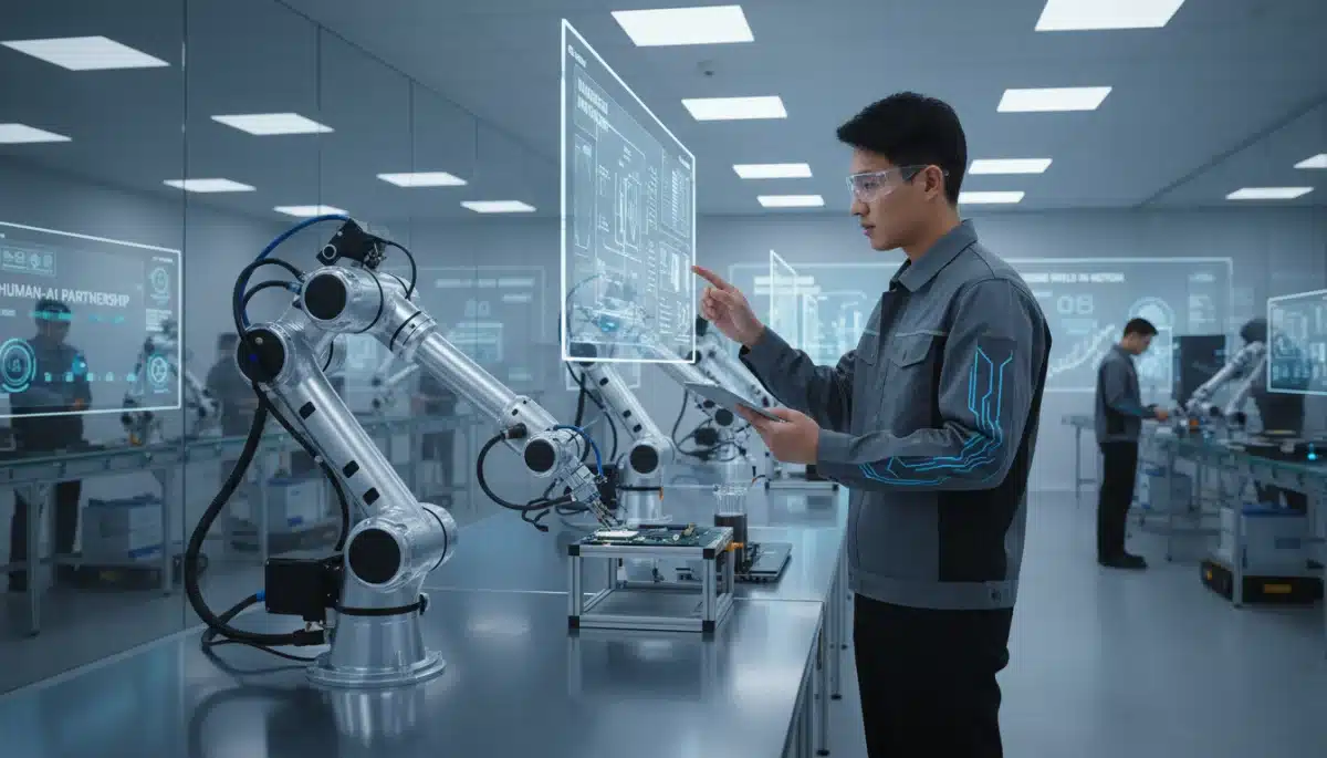 Human and robot collaborating in a manufacturing setting, representing workforce adaptation to AI policy
