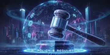 Gavel and AI digital patterns symbolizing US AI policy changes affecting automation adoption